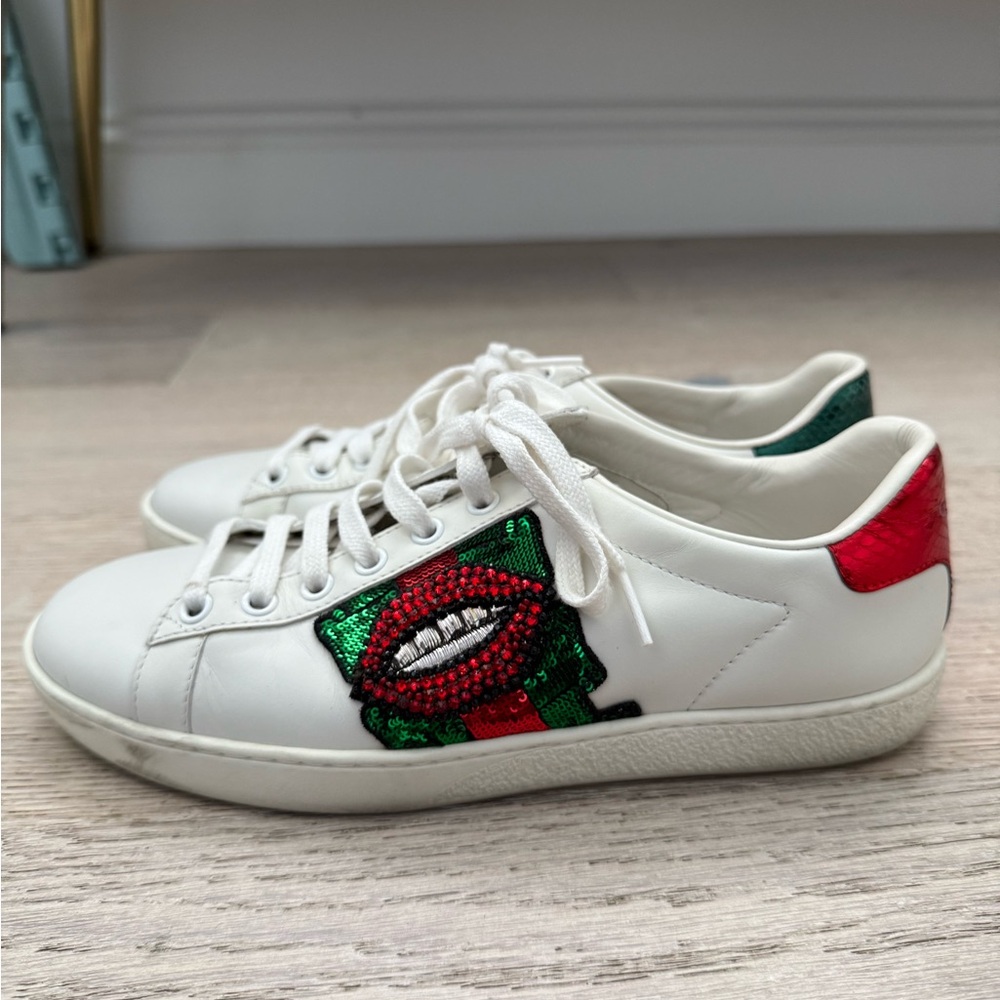 Gucci White Leather Sequins And Crystal Lips Ace Low Top Sneakers - Picture 4 of 6
